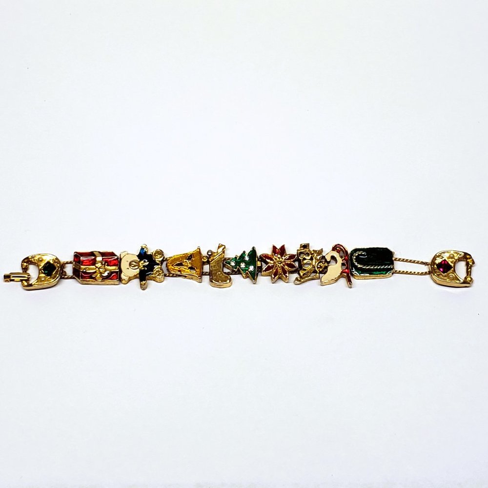 Vintage Christmas Charm Bracelet Enamel Two Chain Gold Tone Bear Poinsettia 7"